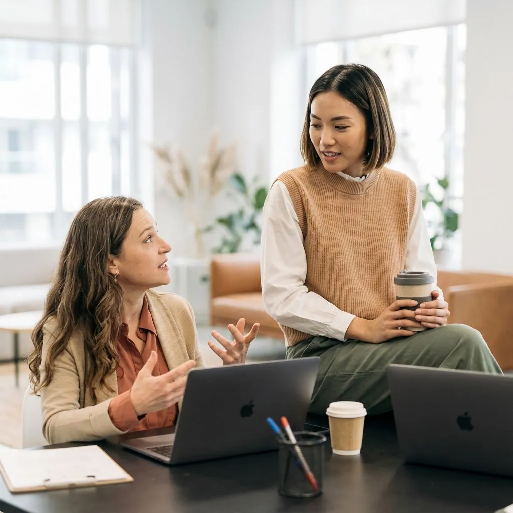 Two colleagues talking over laptops in a bright office
